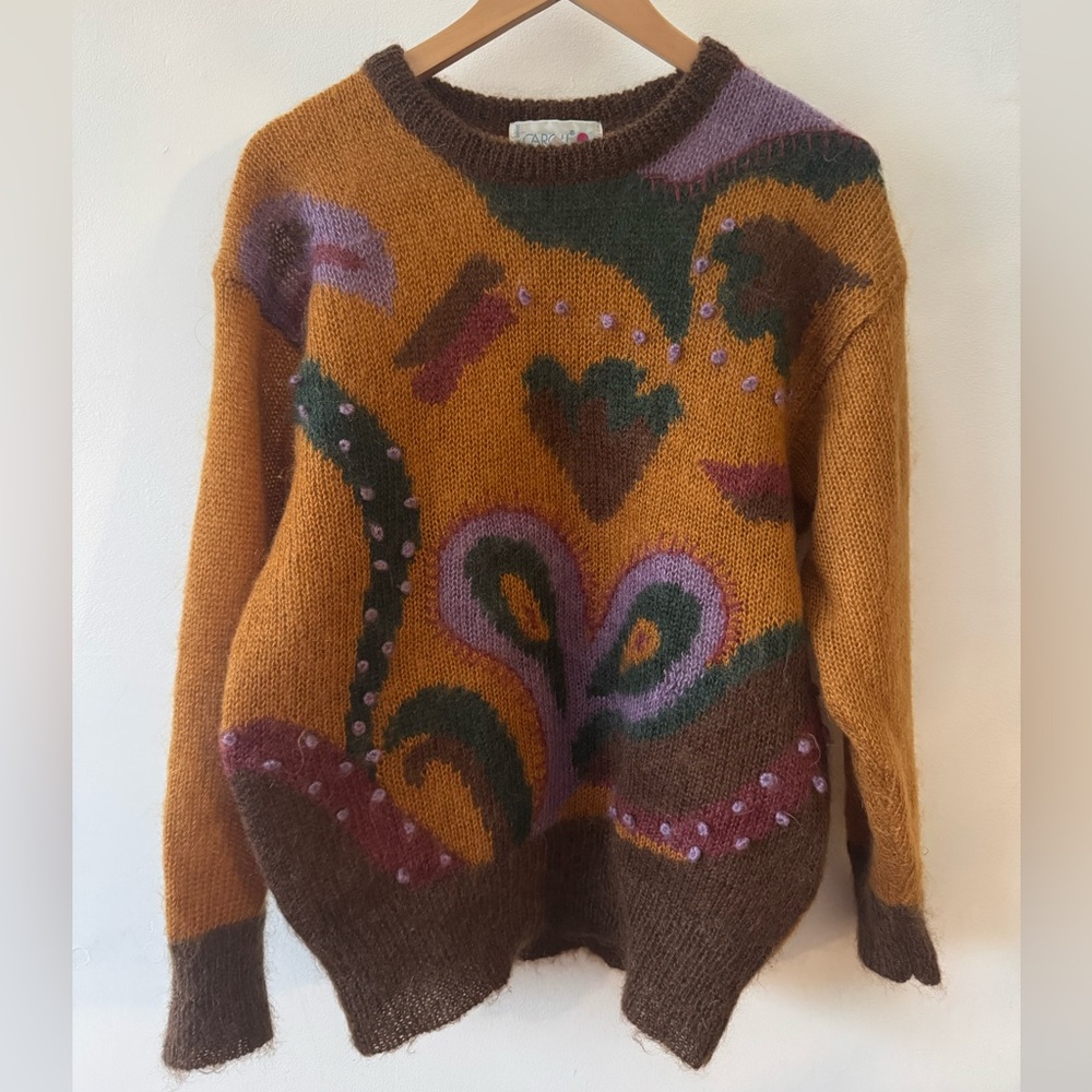 Women's Mustard Abstract Pattern Crew Neck Sweater